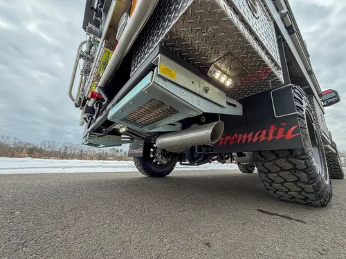 Rear underbody angle with suspension links and frame rails.